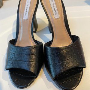 Saks Fifth Avenue Black Crocodile Texture Leather Heels Sandals Mules